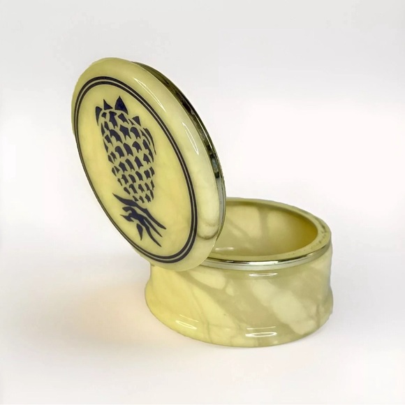 Vintage Hand Carved Italian Alabaster Stone Blue Pineapple Hinged Trinket Box - Picture 4 of 7